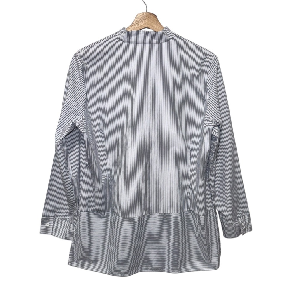 Ming Wang Striped Button Up Top Women Sz L Gray White Long Sleeve Peplum - Picture 2 of 5